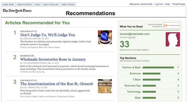 NYTimes incorpora recomendación en las páginas de su portal