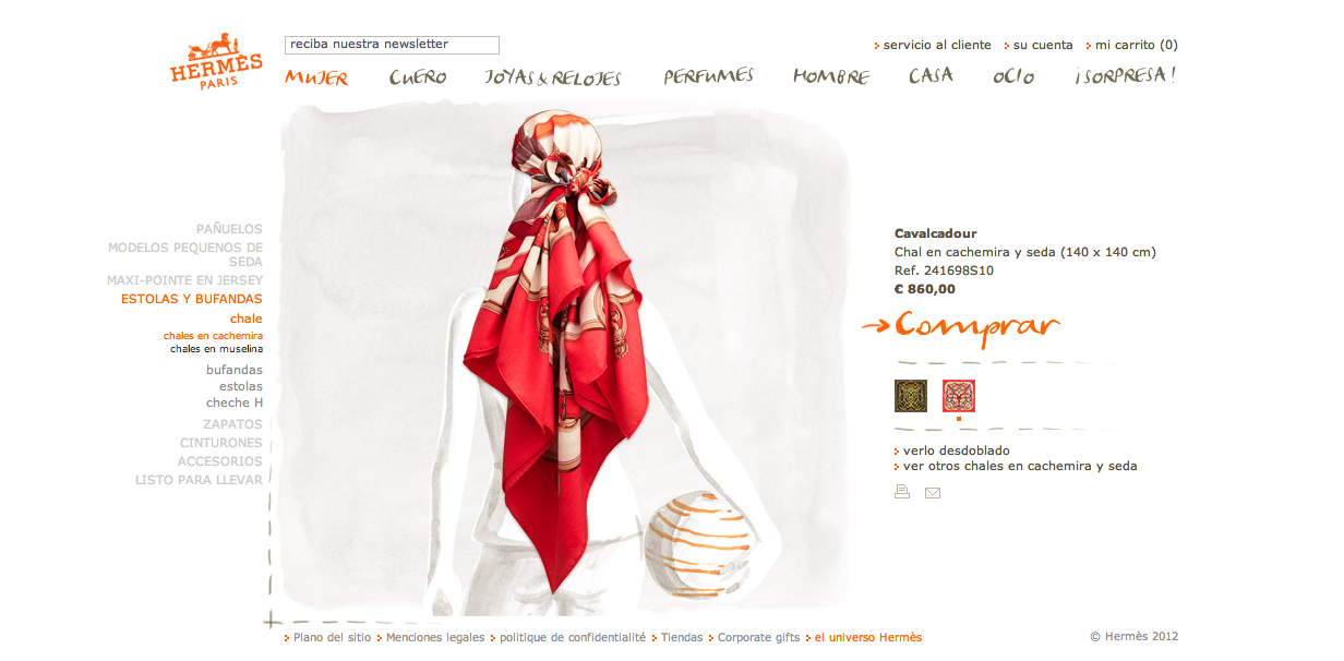 Captura de una página de la web de Hermes con un pañuelo
